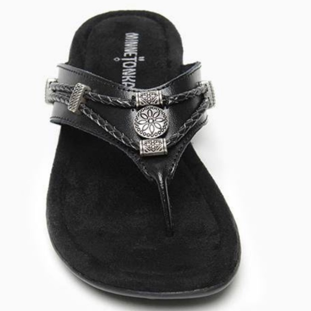 Minnetonka Silverthorne Black Leather Sandals 6 - Picture 2 of 7